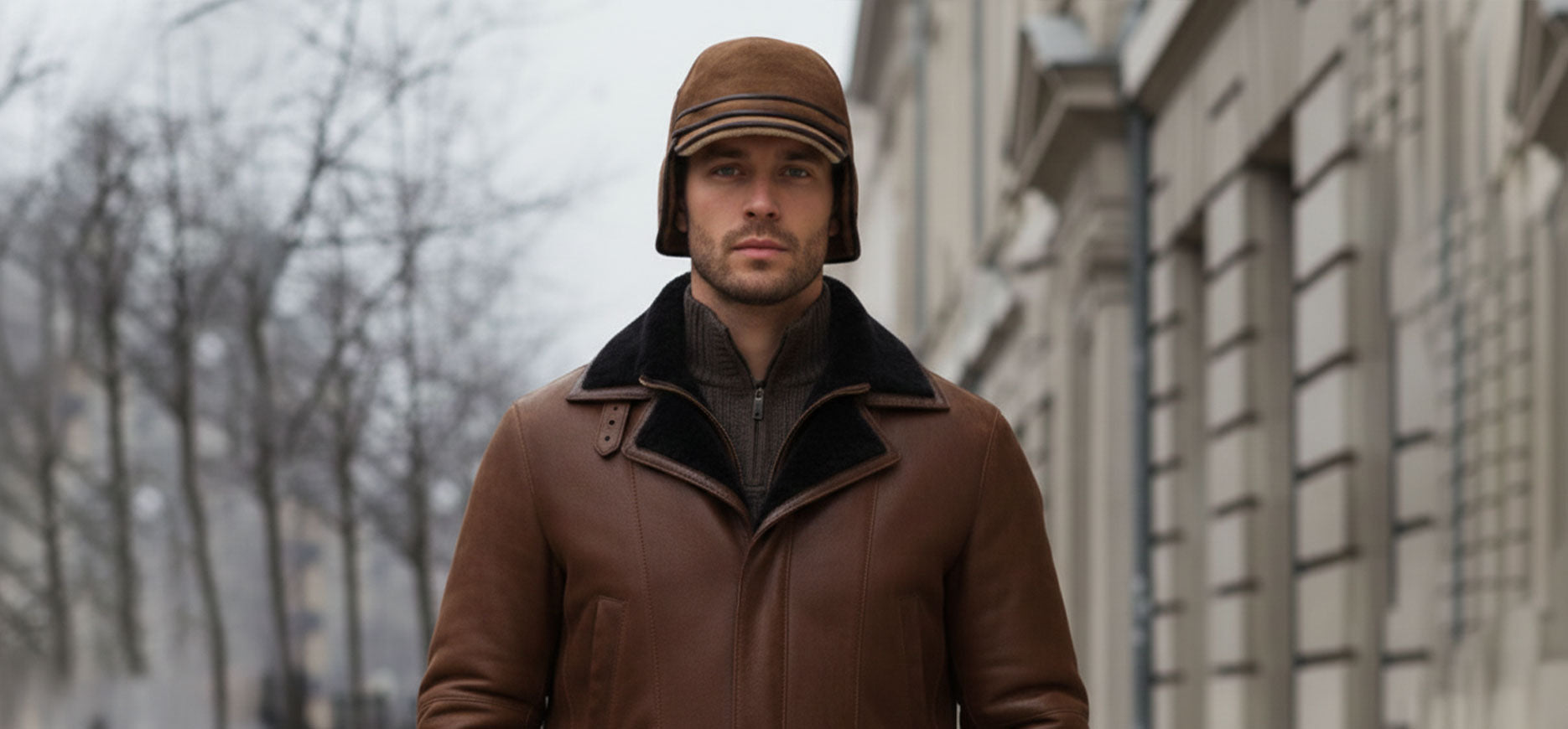 Man wearing a brown shearling leather coat and winter hat walking on a city street.