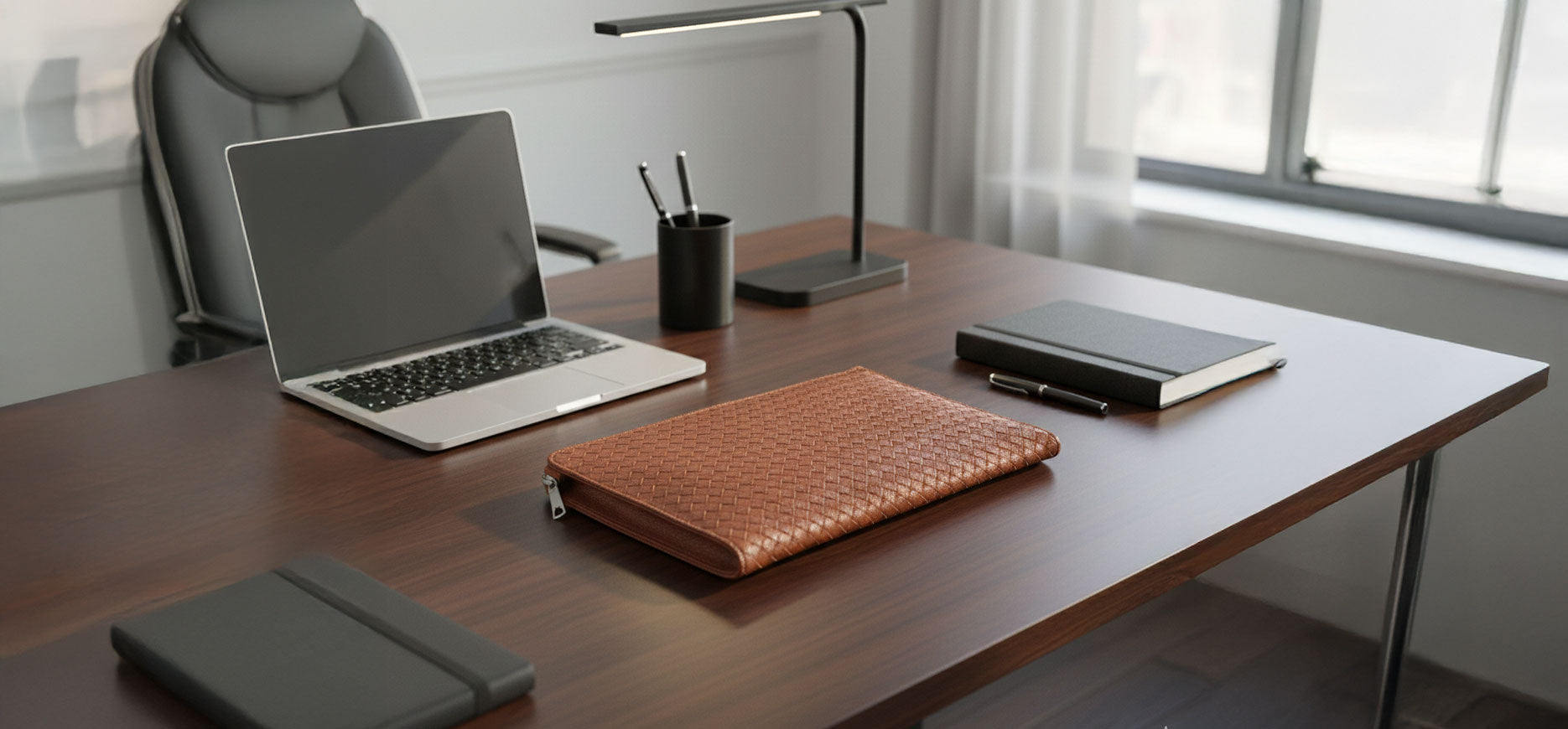 Webster brown leather document portfolio for organizing papers.