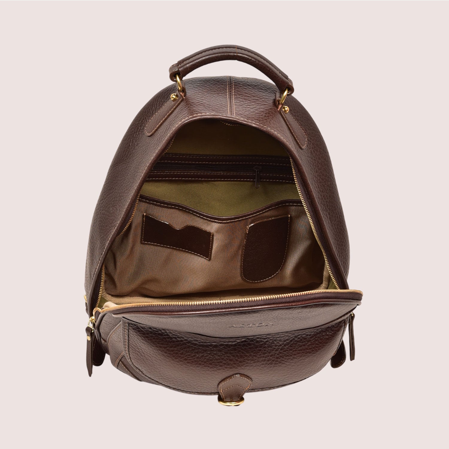 aston leather small leather backpack Lexington Zippered Backpack-Black cell phone and receipts.Vegetal cowhide leather Solid brass hardware Carry on handle and 2 wide backpack straps Fully lined with front zipper pocket Inside compartment with organizer for pens ASHTON BROWN