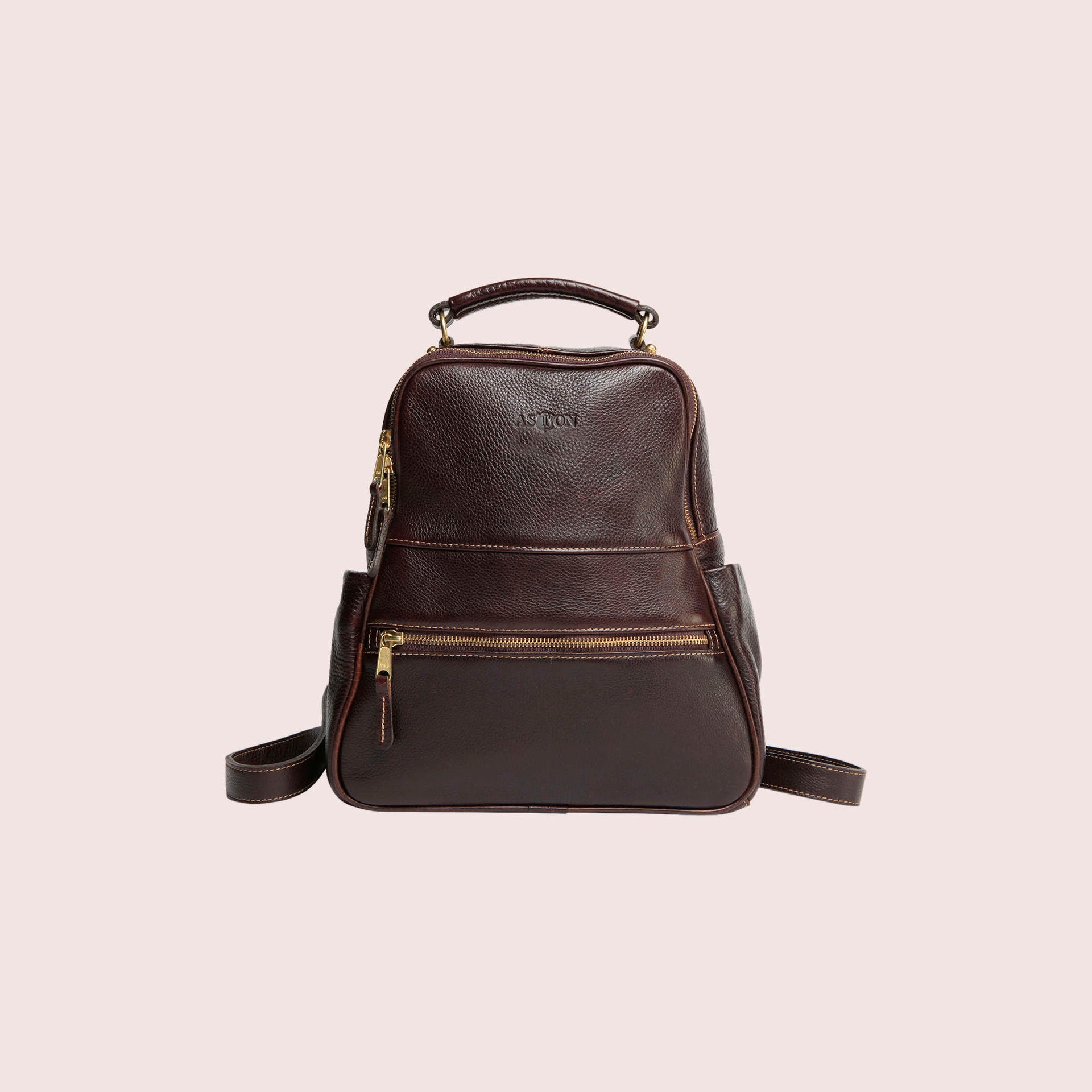 aston leather small leather backpack Eco-Friendly Cowhide with Laptop Sleeve It features a carry on handle and 2 wide backpack straps and an inside compartment that organizes your pens Jasmine Zippered Backpack-Brown